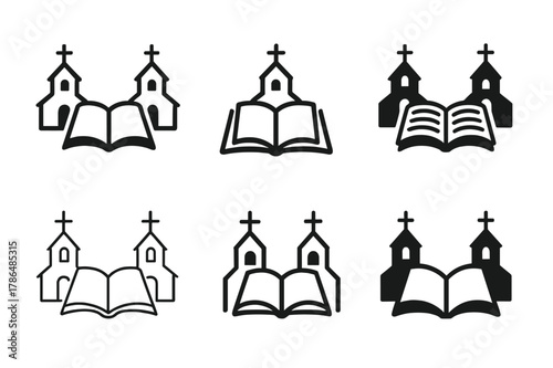 Ecumenical Logo Variations. The history of Christian ecumenical movements. Icon set. Set Logo of ecumenism: open Bible linking two churches. harmonious logo