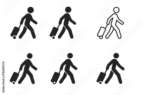 Traveler Icon Variations. Wheeling a suitcase. Set Logo of wheeling a suitcase: airport traveler icon. Icon set. harmonious logo variations of the same