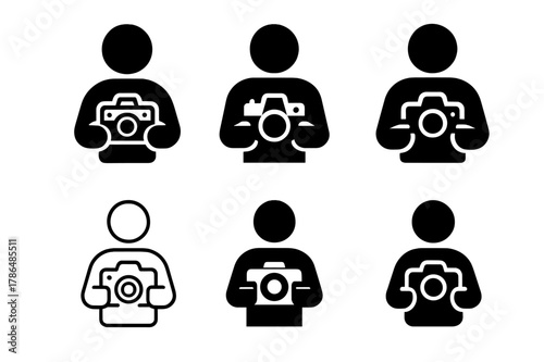 Camera Logo Variations. Holding a camera. Set Logo of Holding a camera: person holding vintage film camera at chest. Icon set. harmonious logo variations of