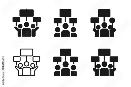 Crowd Behavior Logos. Crowd behavior. Set Logo of crowd behavior: protest placards cluster. Icon set. harmonious logo variations of the same emblematic