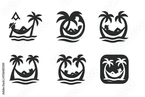 Tropical Hammock Icons. A traveler relaxing in a hammock between two palm trees, on a tropical island. Icon set. Set Logo of A traveler relaxing in a hammock