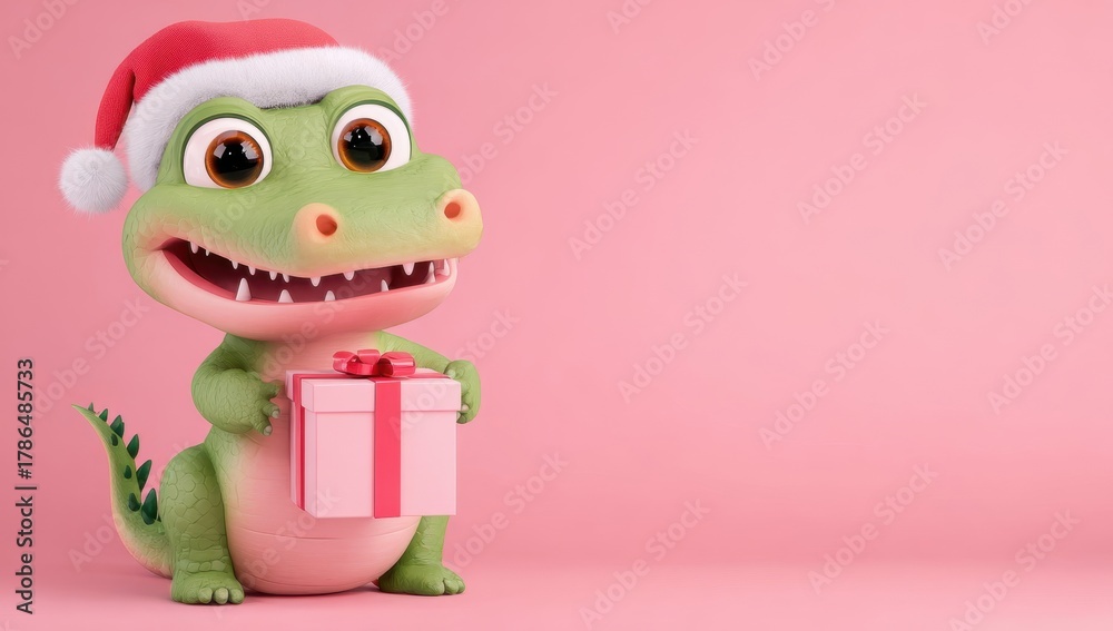 Naklejka premium Baby cartoon crocodile wearing red Santa hat holds Christmas gift box standing on pale pink background, funny xmas delivery scene