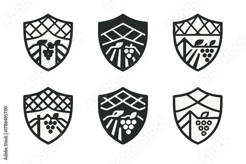 Hailstorm Protection Logos. Hailstorm damage prevention in agriculture. Icon set. Set Logo of Hailstorm damage prevention in agriculture: vineyard trellis with