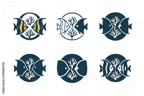Coral Reef Logos. A vibrant coral reef teeming with colorful fish, sea turtles, and coral formations. Set Logo of A vibrant coral reef teeming with colorful