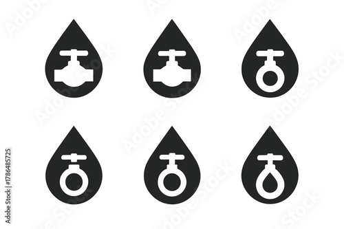 Water Valve Icons. Main water line shutoff. Set Logo of water droplet with valve: Flat solid, Symmetrical form, Minimal outline, Abstract geometric, Negative