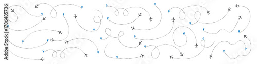 Airplane line path icon set. Vector illustration of air plane flight route with line trace on white background. map pins, location pins. Travel from start point and dotted line tracing. EPS 10