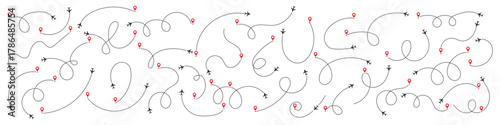 Airplane line path icon of air plane flight route dash line trace with start point. Simple airplane travel line path with map pins. Plane routes dotted paths