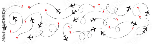 Airplane line path icon set. Vector illustration of air plane flight route with line trace on white background. map pins, location pins. Travel from start point and dotted line tracing. EPS 10