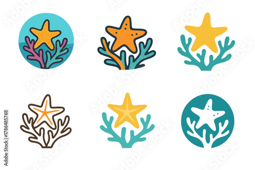 Coral Reef Logo Set. A vibrant coral reef teeming with colorful fish, sea turtles, and coral formations. Set Logo of A vibrant coral reef teeming with colorful