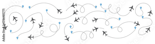 Airplane line path icon set. Vector illustration of air plane flight route with line trace on white background. map pins, location pins. Travel from start point and dotted line tracing. EPS 10