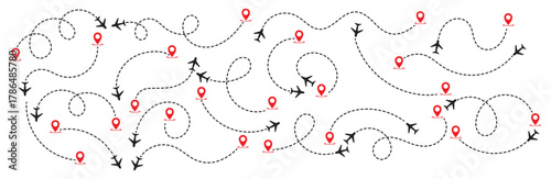 Airplane routes set.Plane route line.Planes dotted flight pathway.Plane paths. Aircraft tracking, planes, travel map pins location pins. Romantic travel, heart dashed line trace and plane routes eps10