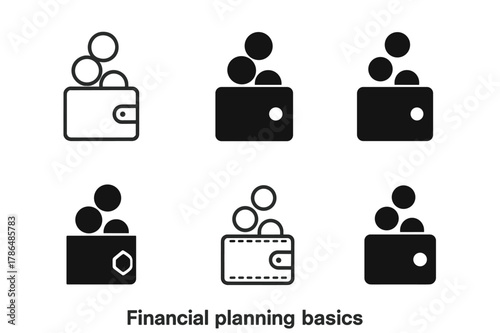 Financial Icons Collection. Financial planning basics. Icon set. Set Logo of Financial planning basics: wallet with coins. harmonious logo variations of the