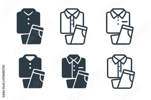 School Uniform Logos. Getting the kids ready for school. Set Logo of Getting the kids ready for school: folded uniform shirt and pants. Icon set. harmonious