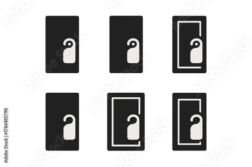 Solitude Door Logo. Embracing solitude and personal time. Set Logo of closed door with do-not-disturb tag: Negative space, Filled silhouette, Minimal outline,