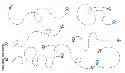 Airplane line path route travel vector concept. Simple airplane travel line path with map pins. Air plane routes dotted paths aircraft travel route start point flight destination black airplane. 