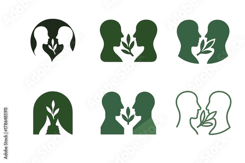 Harmonious Emblem Variations. Conflict resolution in coaching. Set Logo of Conflict resolution in coaching: olive branch with two faces. Icon set. harmonious