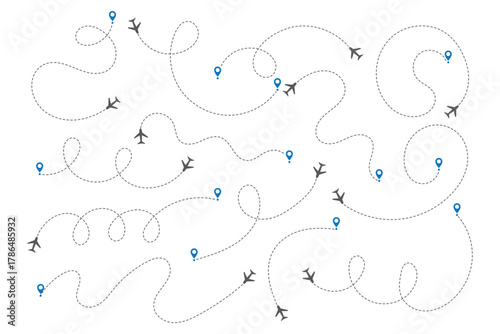 Minimalist airplane travel path with map pins. Dashed route line representing a plane journey, romantic trip, business travel, and flight routes. Destination map line icon, Location map path distance