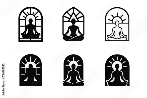 Yoga Logo Variations. A person performing yoga poses in front of a window with a beautiful view. Icon set. Set Logo of yoga scene: sunrise view with meditating