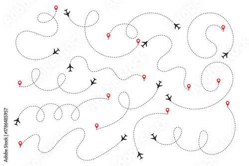 Minimalist airplane travel path with map pins. Dashed route line representing a plane journey, romantic trip, business travel, and flight routes. Destination map line icon, Location map path distance