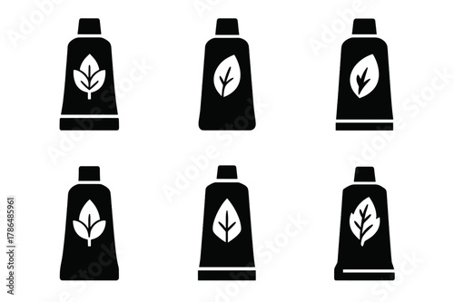 Mint Toothpaste Logos. Toothpaste tube. Set Logo of Toothpaste tube: open tube with mint leaf. Icon set. harmonious logo variations of the same emblematic