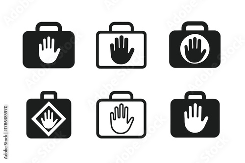 Volunteering Logo Variations. Volunteering. Set Logo of Volunteering: first aid kit with hand emblem. Icon set. harmonious logo variations of the