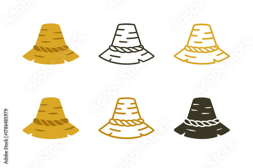 Scarecrow Hat Logos. Scarecrow hat. Set Logo of scarecrow hat: straw-textured hat with rope band. Icon set. harmonious logo variations of the same emblematic