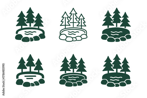 Hot Spring Icons. A hot spring bath with a natural, serene landscape around it. Icon set. Set Logo of A hot spring bath with a natural, serene landscape around
