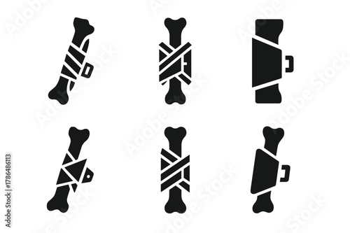 Bone Healing Icons. How bones heal after an injury. Icon set. Set Logo of How bones heal after an injury: cast and splint supporting bone. harmonious logo