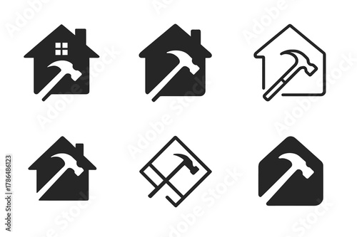 Home Renovation Logos. Home renovation and remodeling. Set Logo of Home renovation and remodeling: house silhouette with hammer crossing. Icon set. harmonious