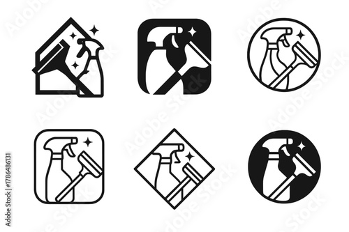 House Cleaning Logos. Cleaning the house together. Set Logo of Cleaning the house together: window squeegee and spray bottle. Icon set. harmonious logo