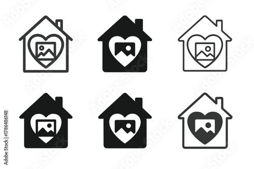 Family Photo Logos. Personalizing home decor with family photos. Set Logo of personalizing home decor with family photos: home heart symbol with photo frame.