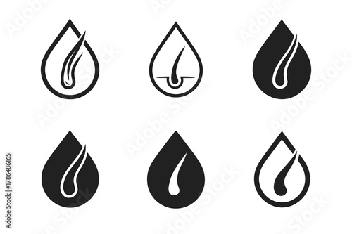 Hair Treatment Logos. Hair treatment mask. Set Logo of hair treatment mask: droplet nourishing hair strand. Icon set. harmonious logo variations of the same