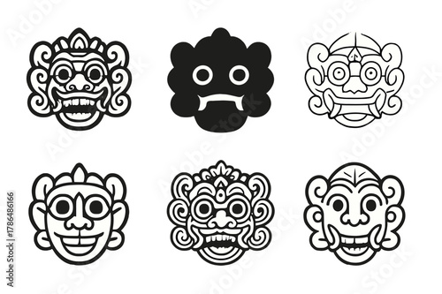 Ceremonial Masks Logos. ceremonial masks. Set Logo of ceremonial masks: Balinese Barong mask visage. Icon set. harmonious logo variations of the same