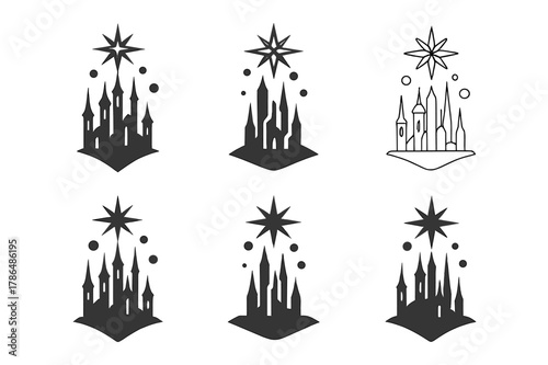 Mystical City Logos. A mystical city with towering spires and floating orbs of light. Set Logo of A mystical city with towering spires and floating orbs of