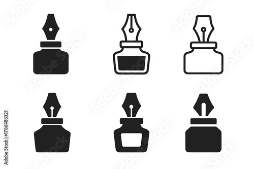 Artistic Logo Variations. Handwriting practice worksheet. Set Logo of Handwriting practice worksheet: calligraphy pen and ink bottle. Icon set. harmonious logo