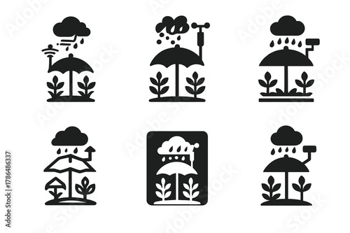 Hailstorm Prevention Logos. Hailstorm damage prevention in agriculture. Icon set. Set Logo of Hailstorm damage prevention in agriculture: automated weather