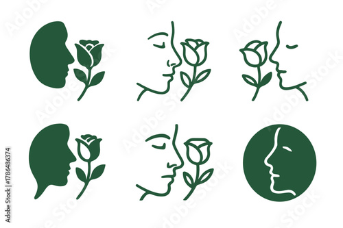 Floral Emblem Variations. Smelling fresh flowers from a bouquet. Set Logo of Smelling fresh flowers from a bouquet: single rose near nose profile. Icon set.