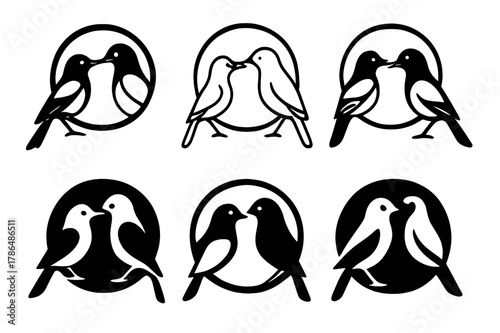 Animal Consciousness Logos. Exploring the consciousness of animals. Set Logo of exploring the consciousness of animals: magpie mirror test moment. Icon set.