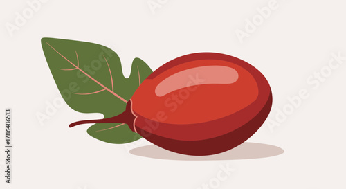 Illustration Of A Freshly Harvested Tamarillo Fruit With A Green Leaf Shadow Cast