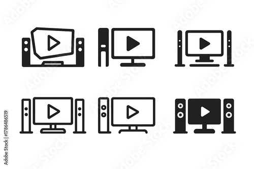 Home Theater Logo Variations. Installing a new home theater sound system. Set Logo of Installing a new home theater sound system: TV screen with play icon.