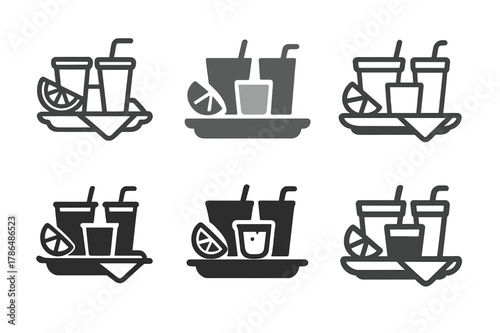 Lemonade Stand Logos. Lemonade stand decor and ideas for kids. Set Logo of lemonade stand decor and ideas for kids: reusable cups on tray with napkins. Icon