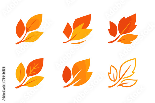 Autumn Leaves Logos. A close-up of colorful autumn leaves, showing rich shades of red, orange, and yellow. Set Logo of Autumn leaves: wind-blown leaves. Icon