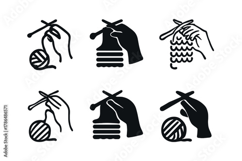 Knitting Logo Variations. Traditional forms of relaxation like knitting or sewing. Set Logo of Traditional forms of relaxation like knitting or sewing: hand