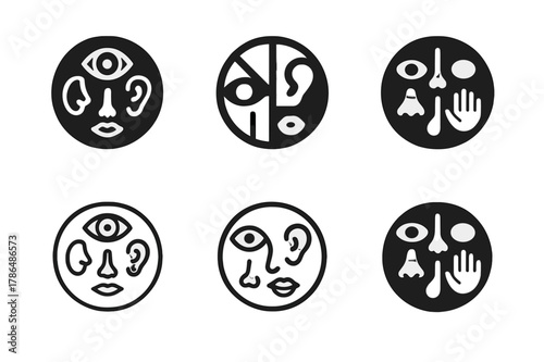 Sensory Icons Collection. How our senses work. Icon set. Set Logo of How our senses work: sensory icons circle (eye, ear, nose, tongue, hand). harmonious logo