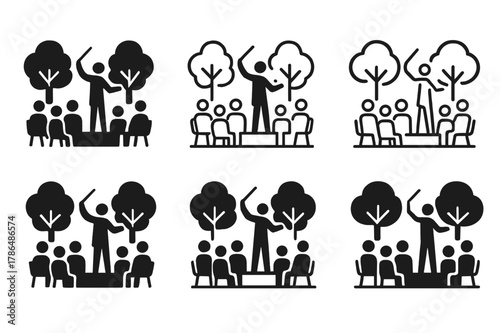 June Concert Logos. June concert outdoors. Icon set. Set Logo of june concert outdoors: conductor leading an outdoor orchestra in the park. harmonious logo