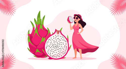 Illustration Of A Lady Examining Dragon Fruit, A Visually Appealing Summer Concept