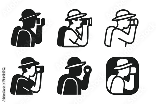 Camera Traveler Logos. Holding a camera. Set Logo of Holding a camera: traveler holding camera and peeking through viewfinder. Icon set. harmonious logo