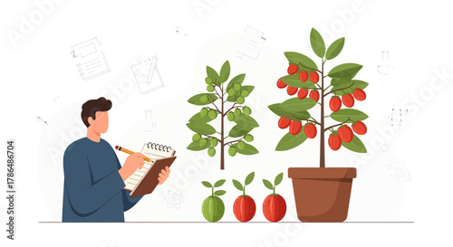 Illustration Of A Person Observing Plants And Taking Notes For Gardening Purposes