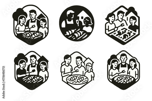 BBQ Emblem Variations. A family enjoying a BBQ in the backyard, with grilled meats and vegetables. Set Logo of A family enjoying a BBQ in the backyard, with