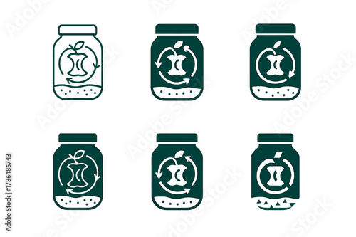 Compost Waste Reduction Logos. Composting and waste reduction methods. Set Logo of composting and waste reduction methods: zero waste jar symbol. Icon set.